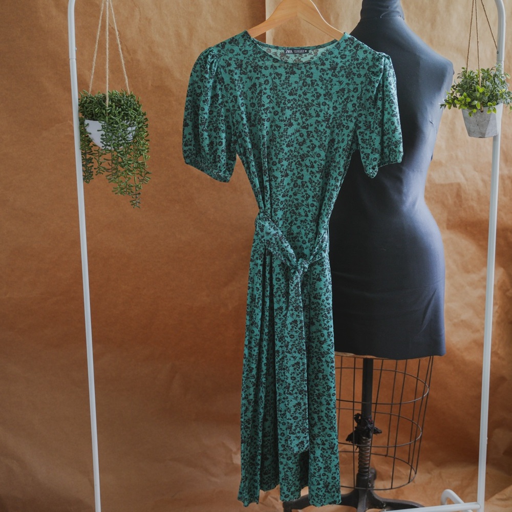 🌿 ZARA Teal Floral Midi Dress – Size S
